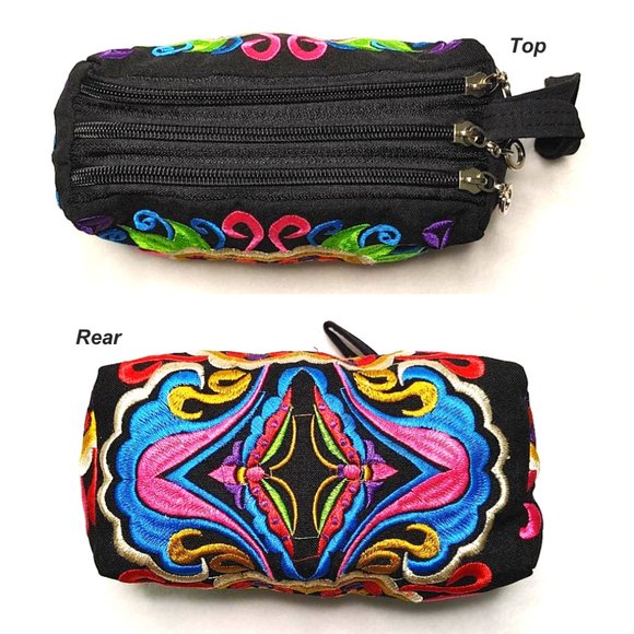 Embroidery Black Wristlet 3-Layer Zipper Geo Floral Fabric Gold Red Pouch Lined - Picture 3 of 10